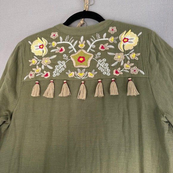 Soft Surroundings‎ Embroidered Tunic Dress Olive Green Tassel Detail Women Large - Picture 11 of 14